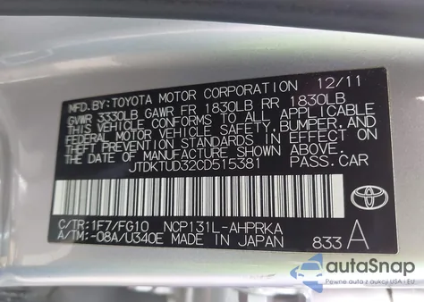 2012 Toyota Yaris Le из США, поврежденный, VIN JTDKTUD32CD515381